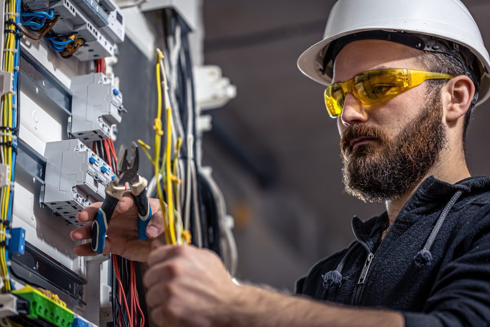 A male electrician works in a switchboard with an electrical connecting cable.<br />
