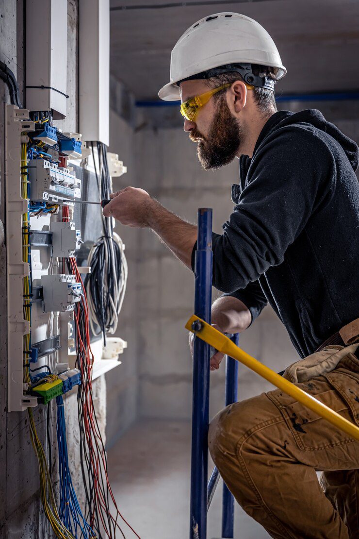 A male electrician works in a switchboard with an electrical connecting cable.<br />
